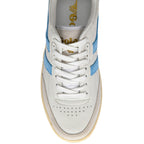Overhead view of a white Gola trainer with light blue stripes and white laces on a white background