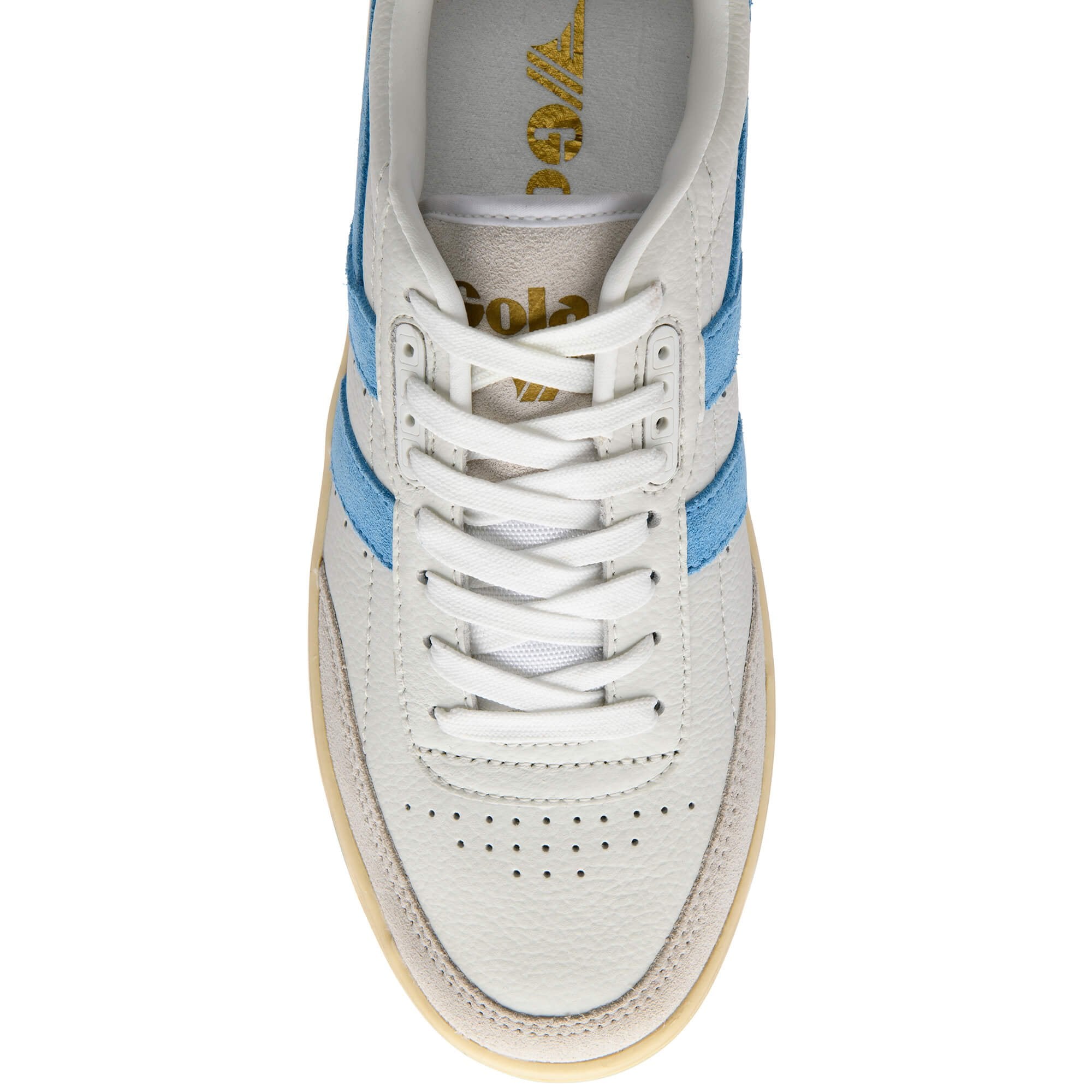 Overhead view of a white Gola trainer with light blue stripes and white laces on a white background