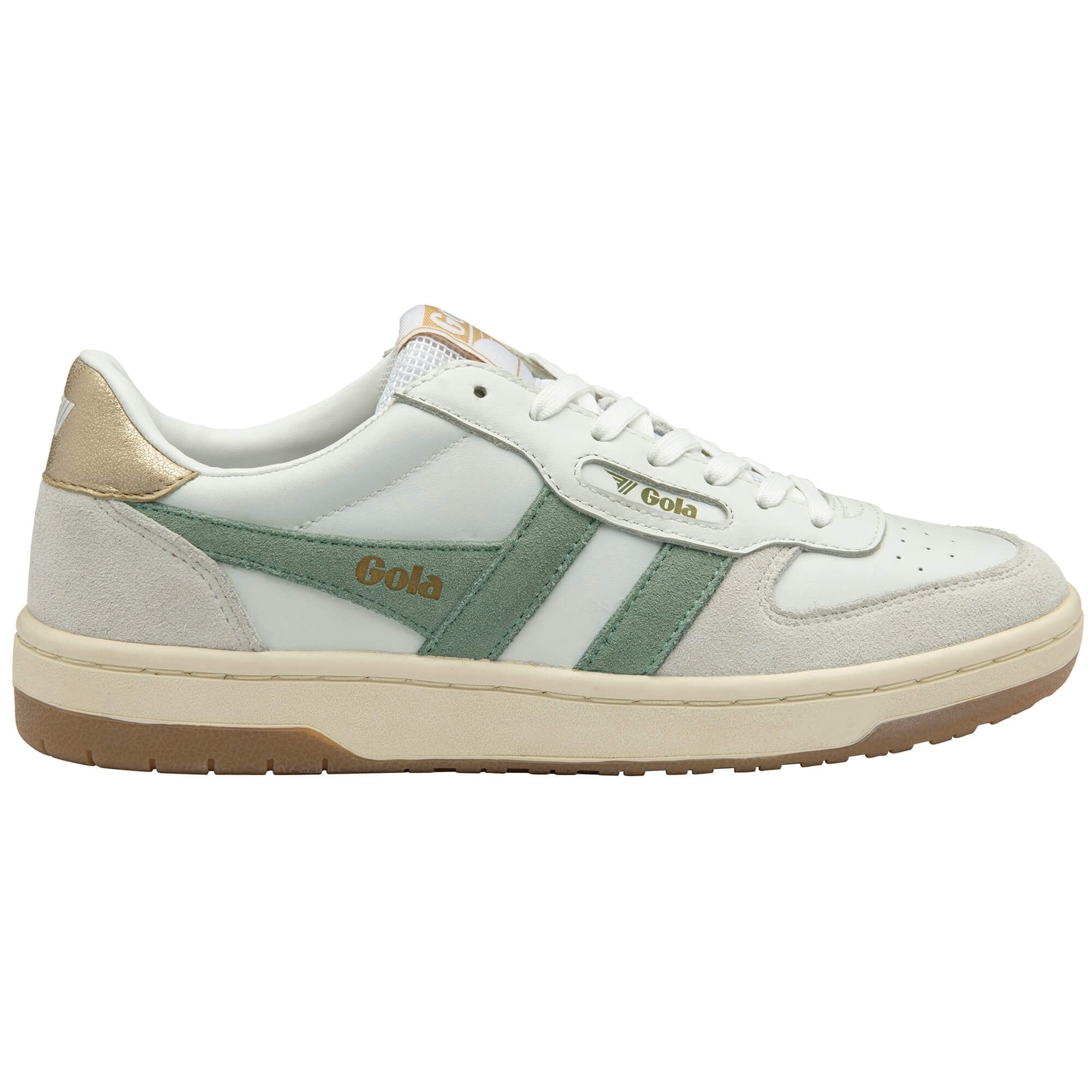 White, green and gold Gola trainer with 'Gola' branding on a white background