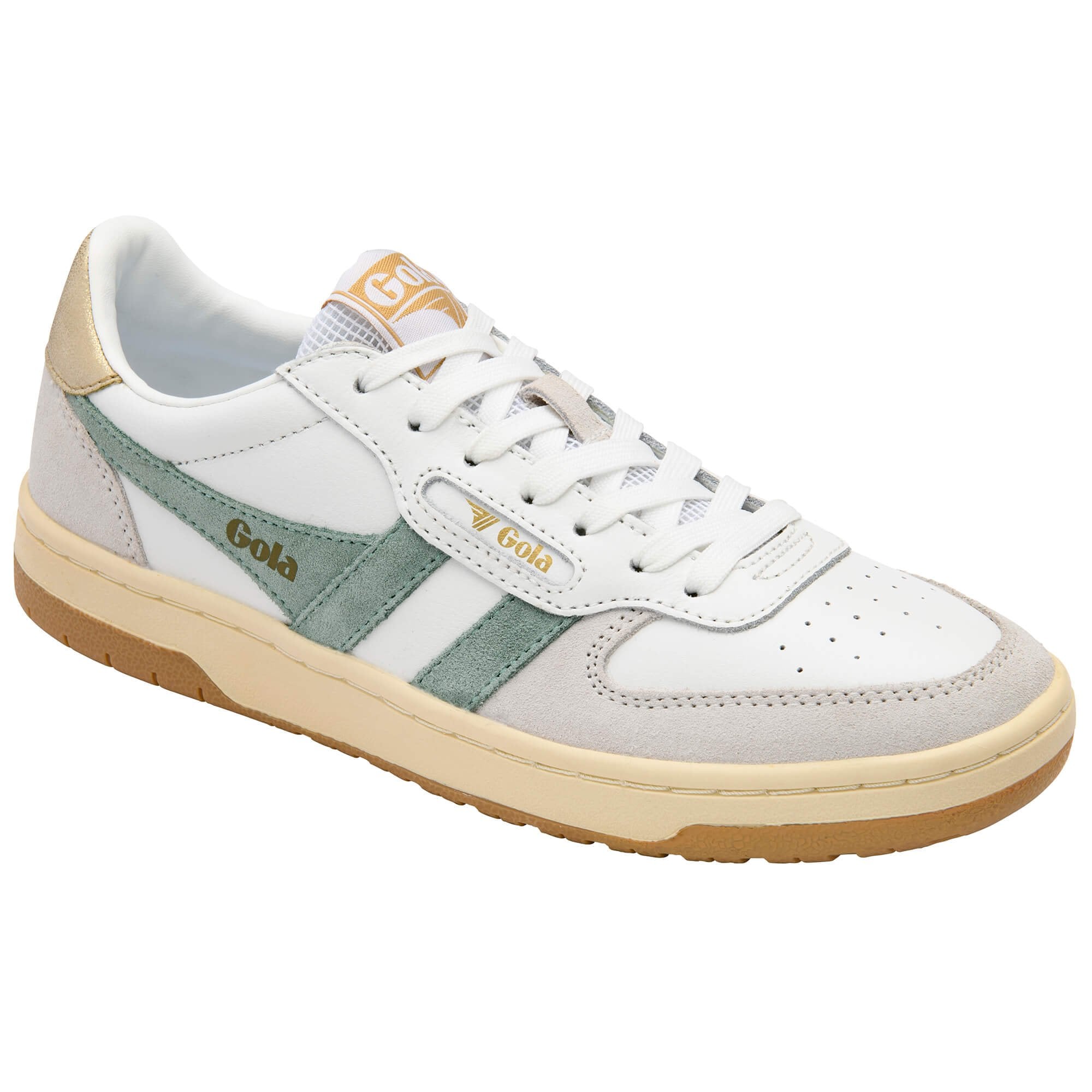 White Gola trainer with light green stripes, gold accents, and a gum sole on a white background