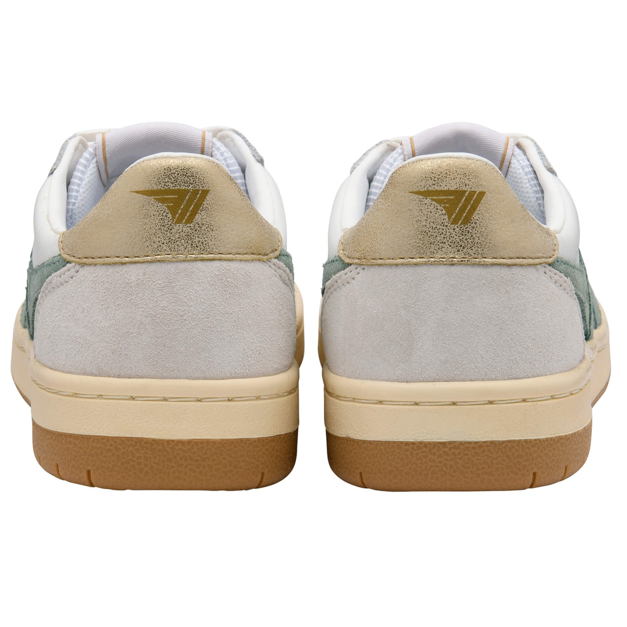 Pair of white and green Gola trainers with gold heel tabs and brown soles on a white background