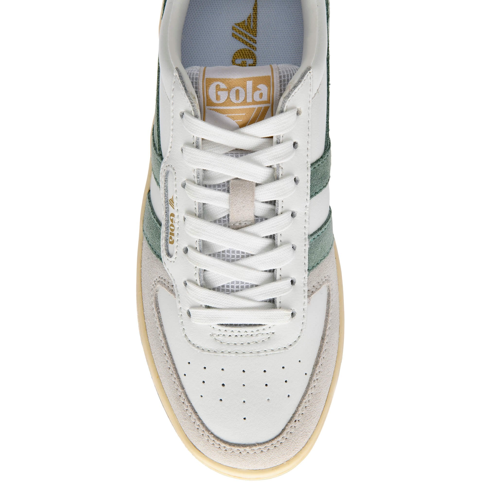 White Gola trainer with green stripes and 'Gola' branding on a white background