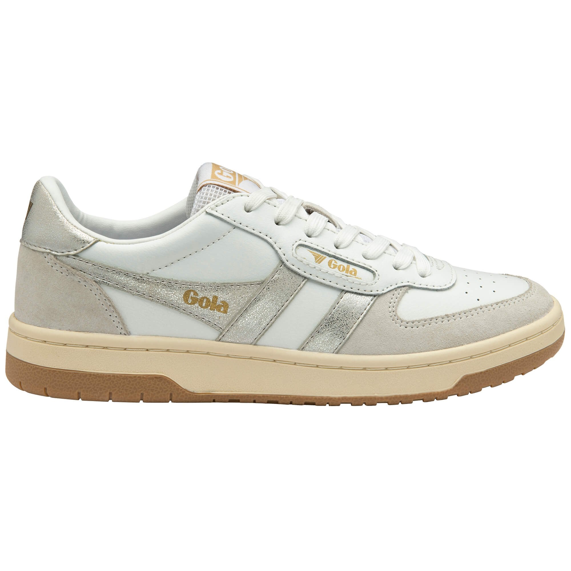 White Gola trainer with silver accents and brown sole on a white background