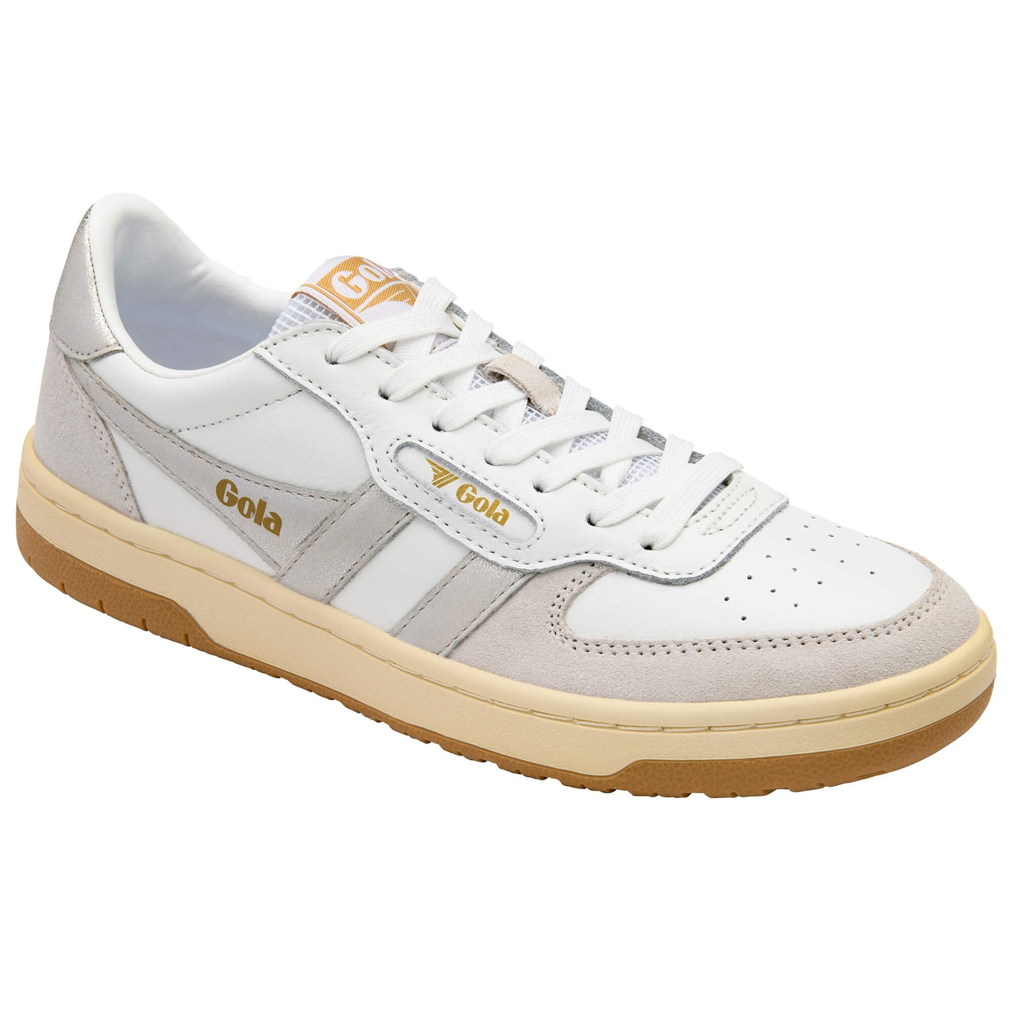 White Gola trainer with gold branding and light grey accents on a white background