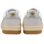 Pair of grey Gola trainers with gold accents on a white background