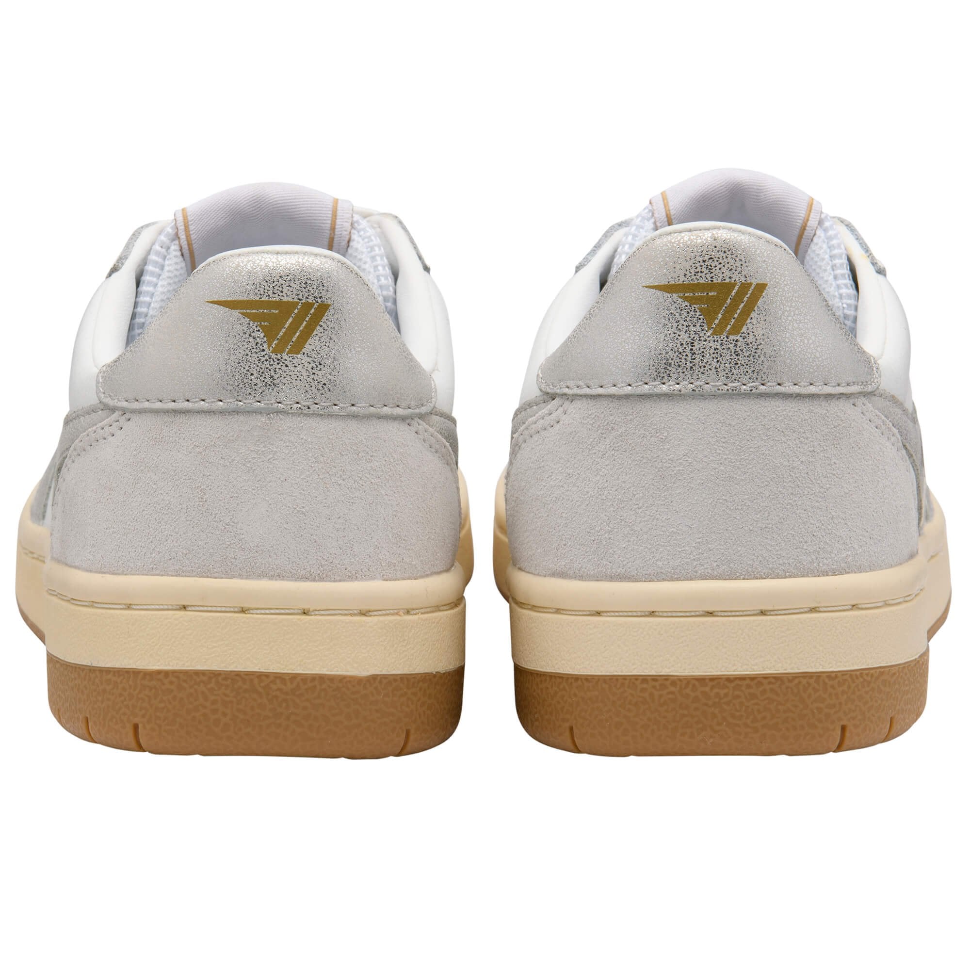 Pair of grey Gola trainers with gold accents on a white background