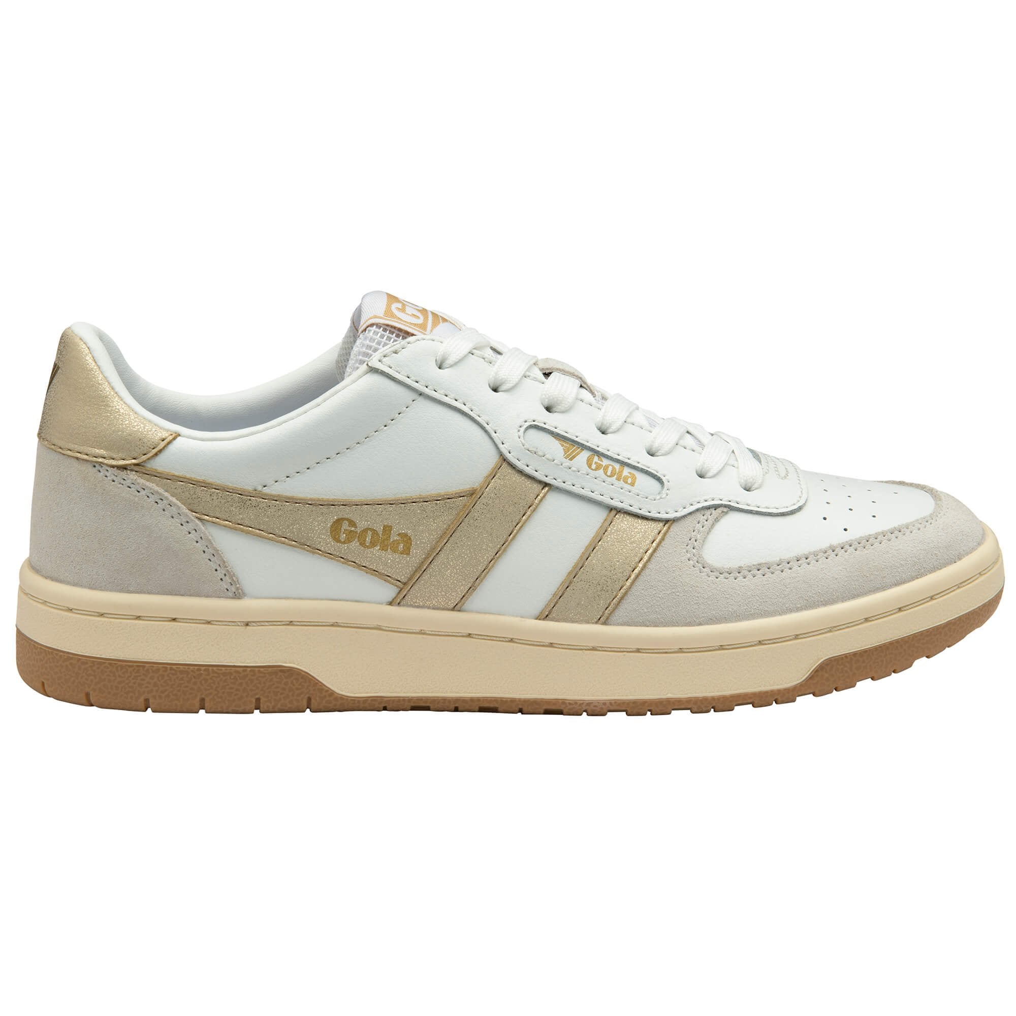 White Gola trainer with gold stripes and heel tab on a white background
