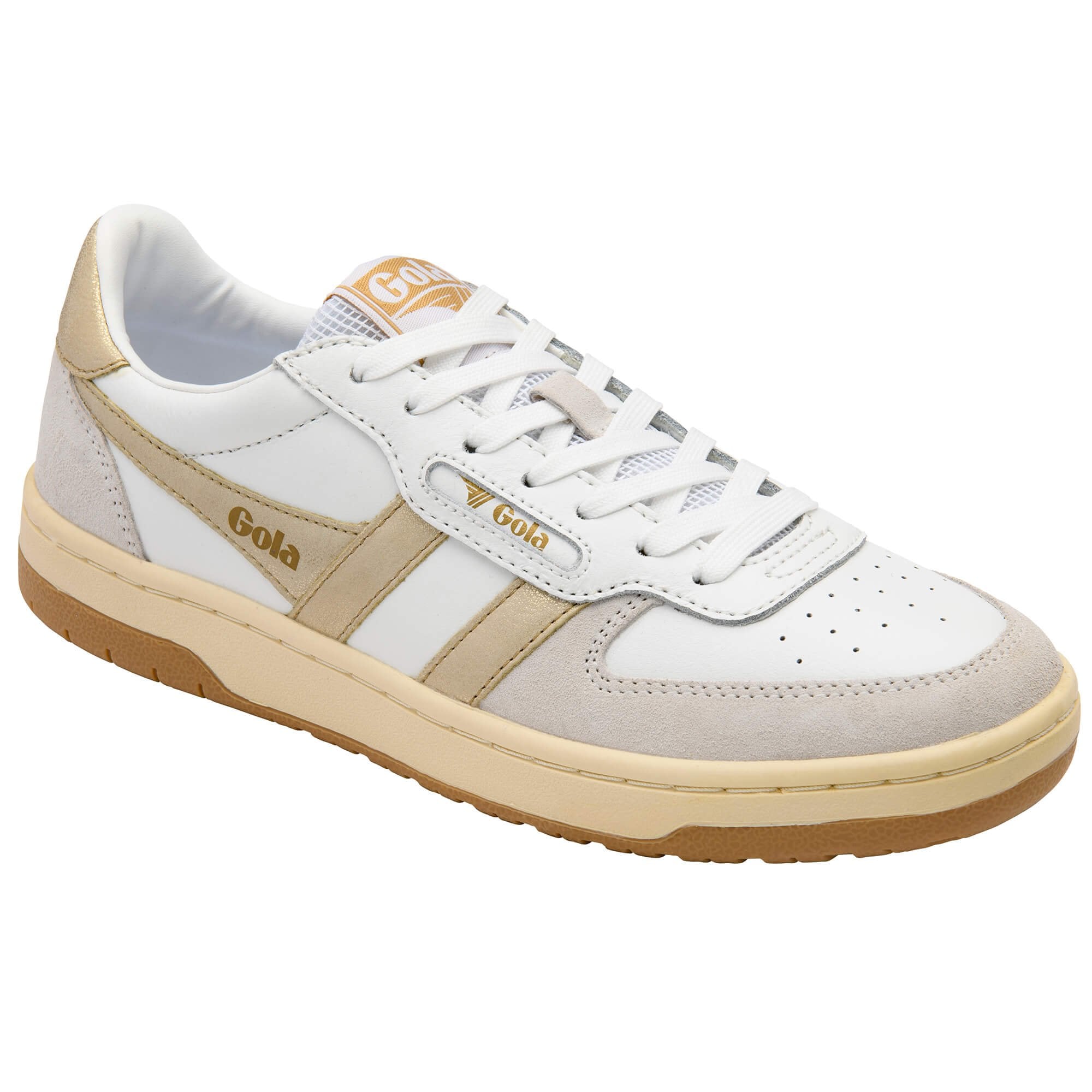 White Gola trainer with gold stripes and heel tab on a white background