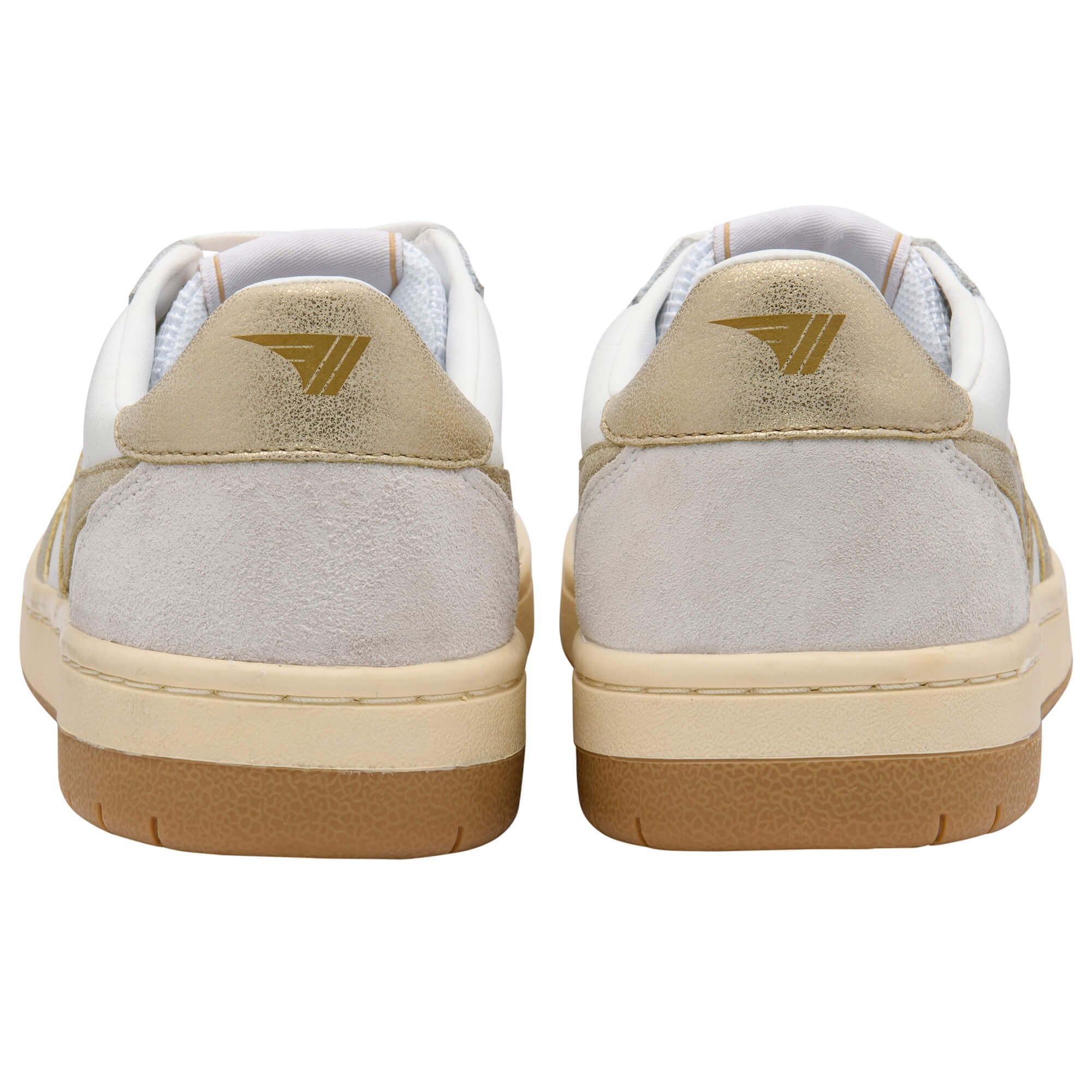 Pair of beige Gola trainers with a logo on the back on a white background