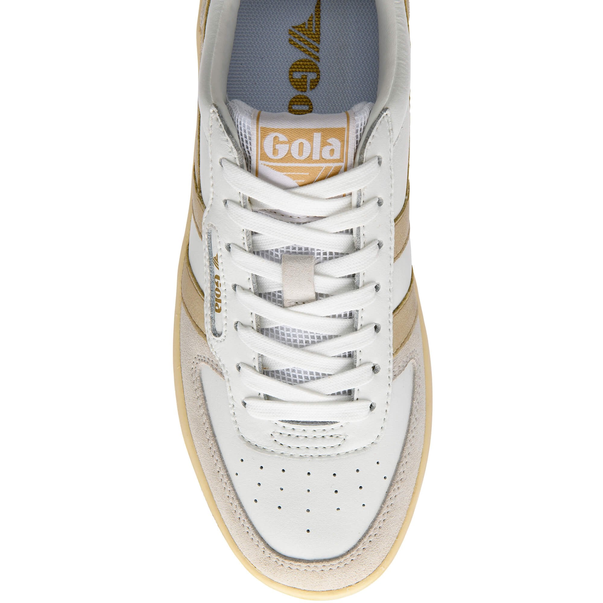 White Gola trainer with gold stripes and Gola logo on a white background