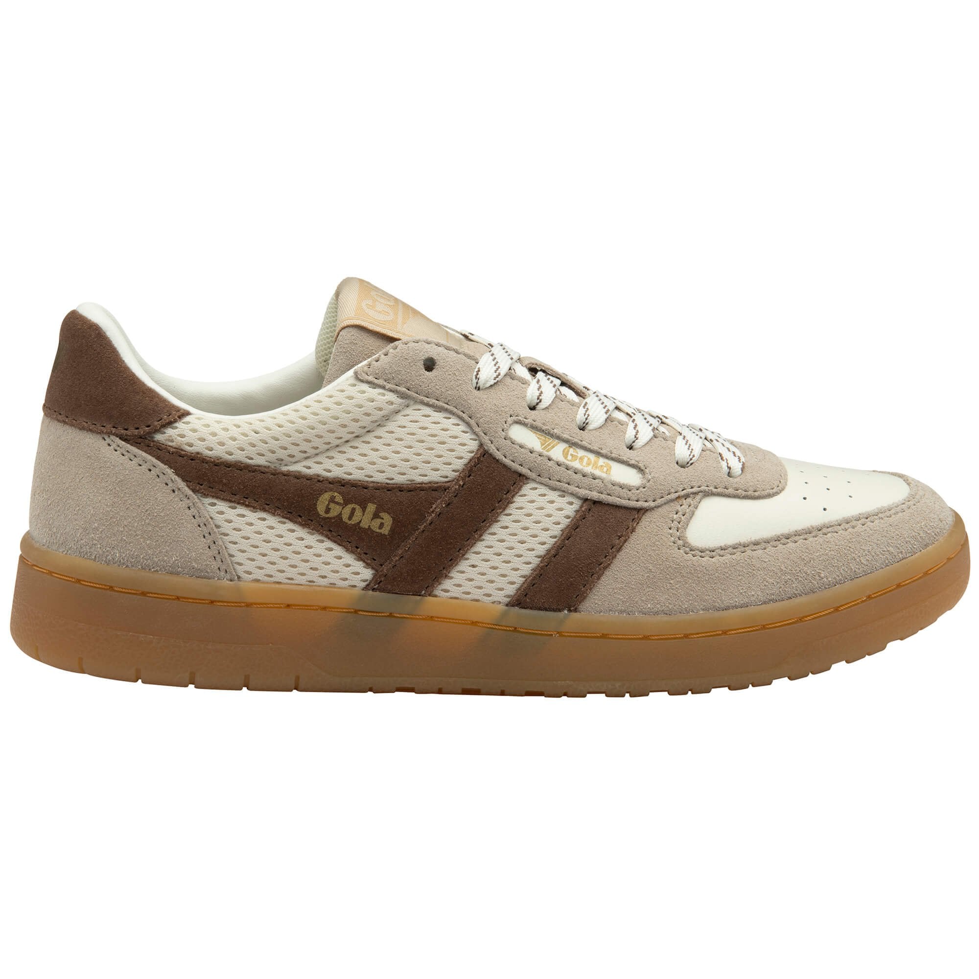 Gola trainer in off white with brown stripes and gum sole on a white background