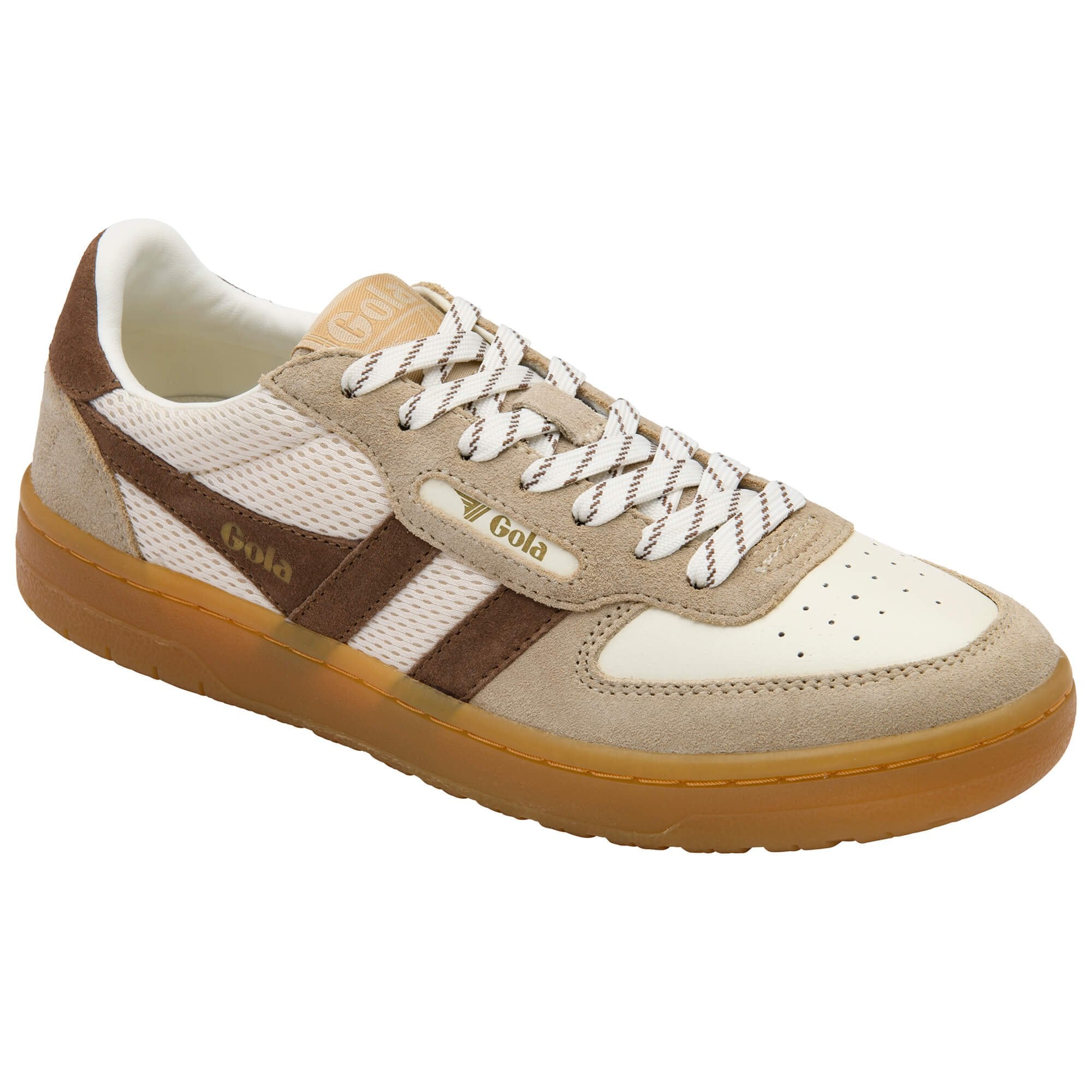 Beige and brown Gola trainer with white laces on a white background