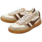 Pair of beige and brown Gola trainers with white laces on a white background