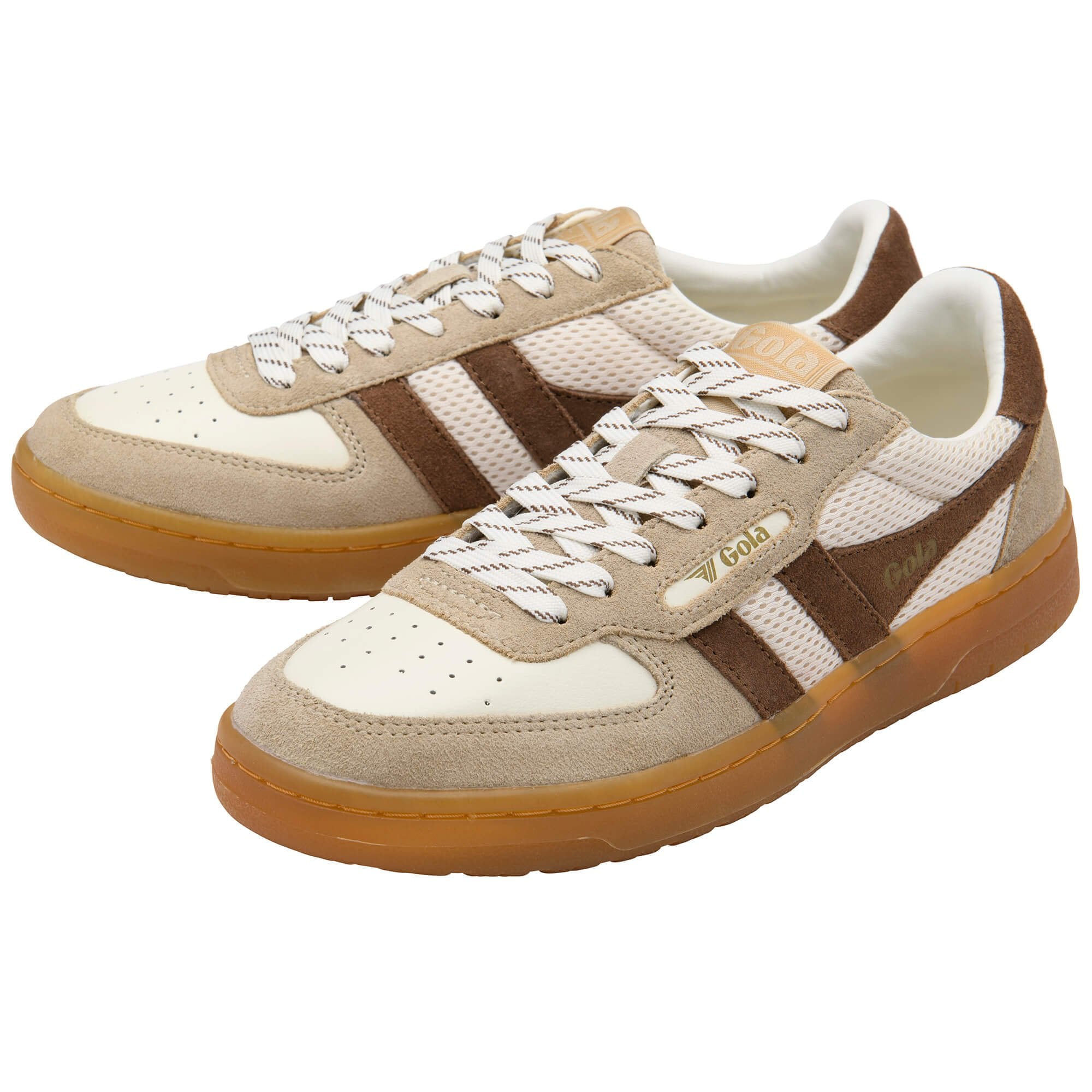 Pair of beige and brown Gola trainers with white laces on a white background