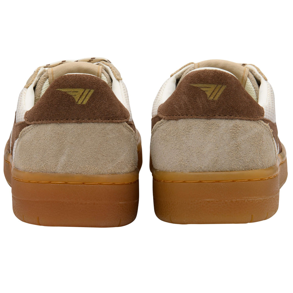 Pair of brown and beige Gola trainers with a logo on a white background