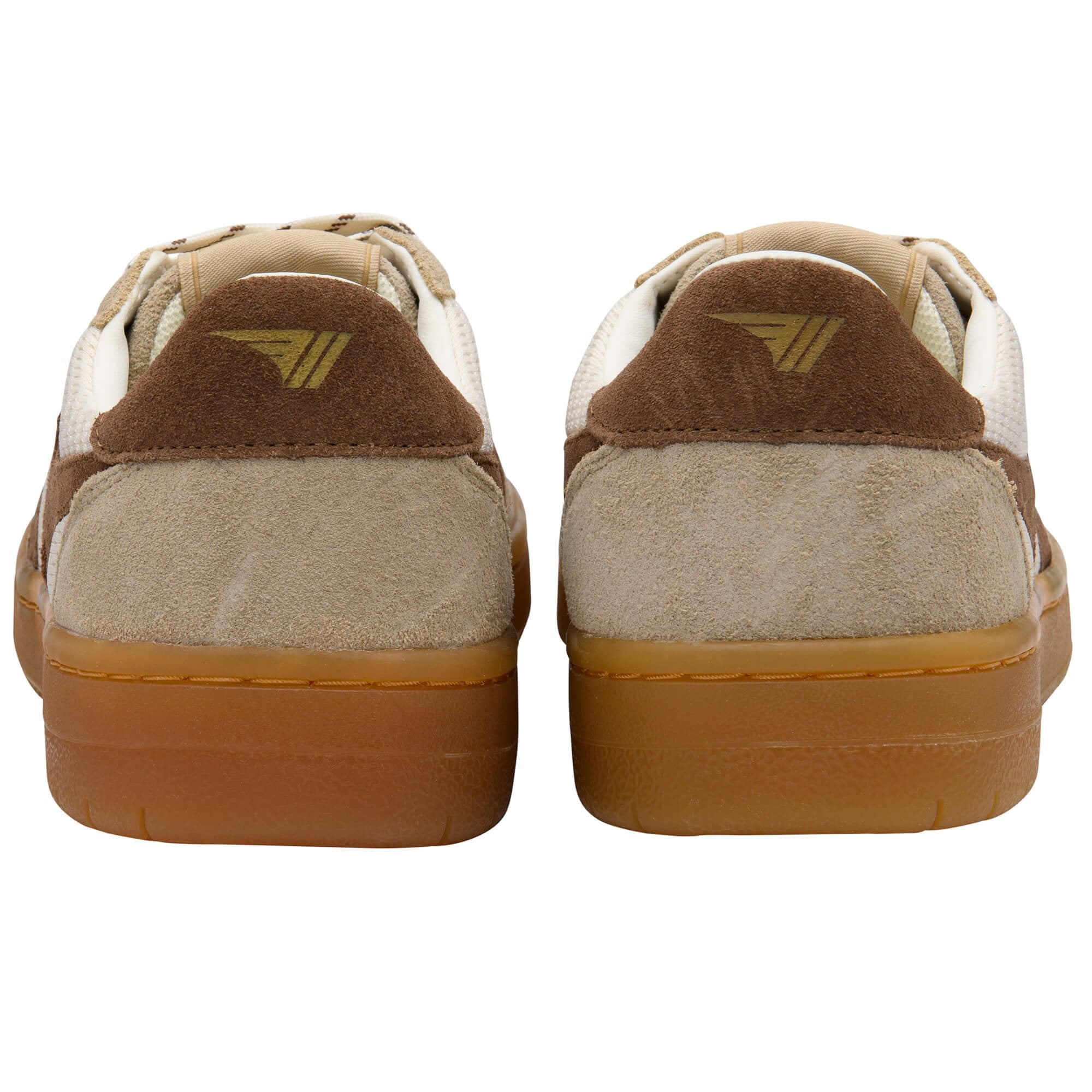 Pair of brown and beige Gola trainers with a logo on a white background