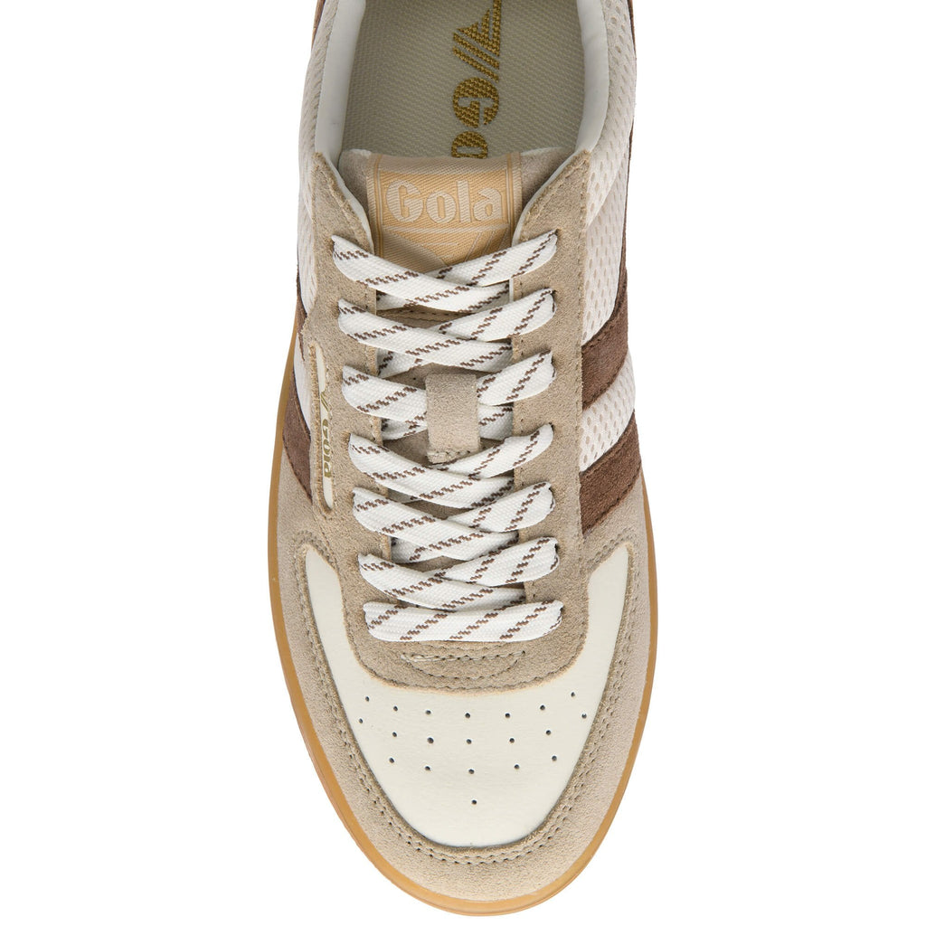 Beige and white Gola trainer with brown accents on a white background