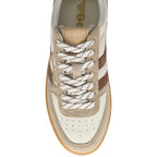 Beige and white Gola trainer with brown accents on a white background