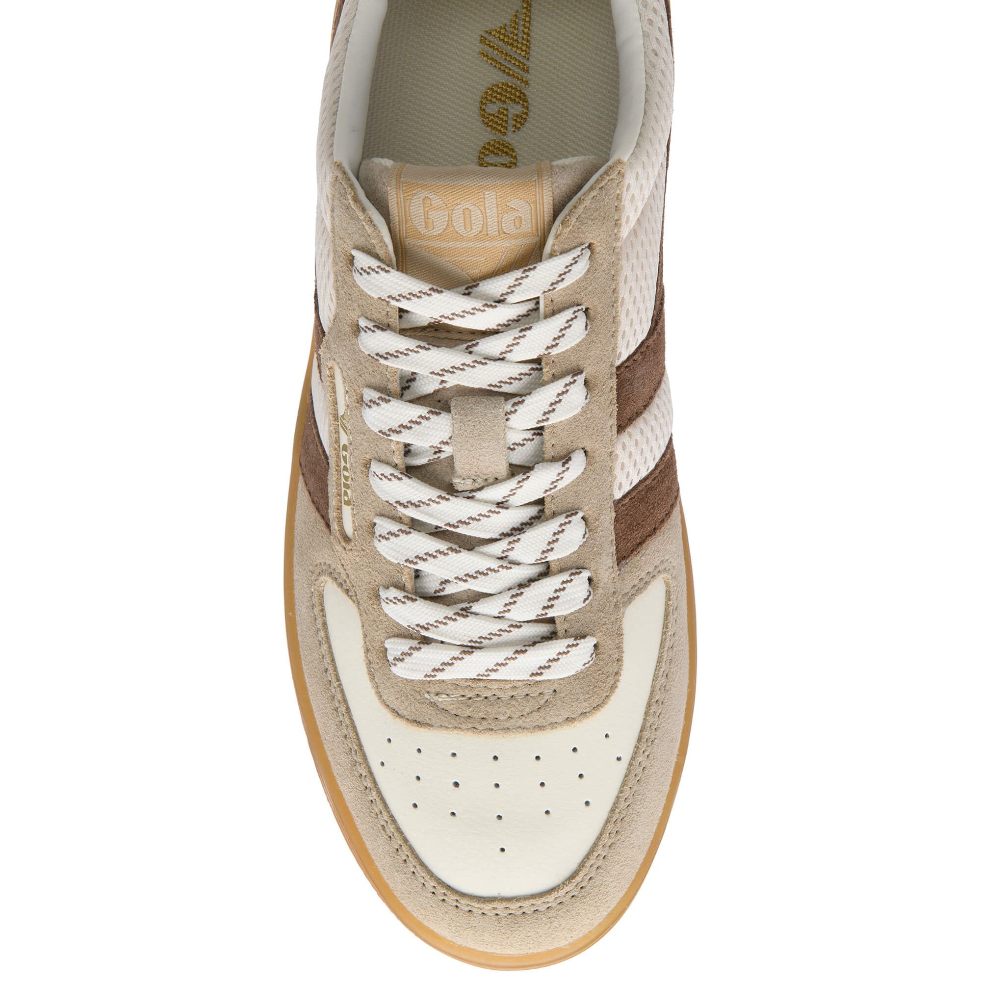 Beige and white Gola trainer with brown accents on a white background