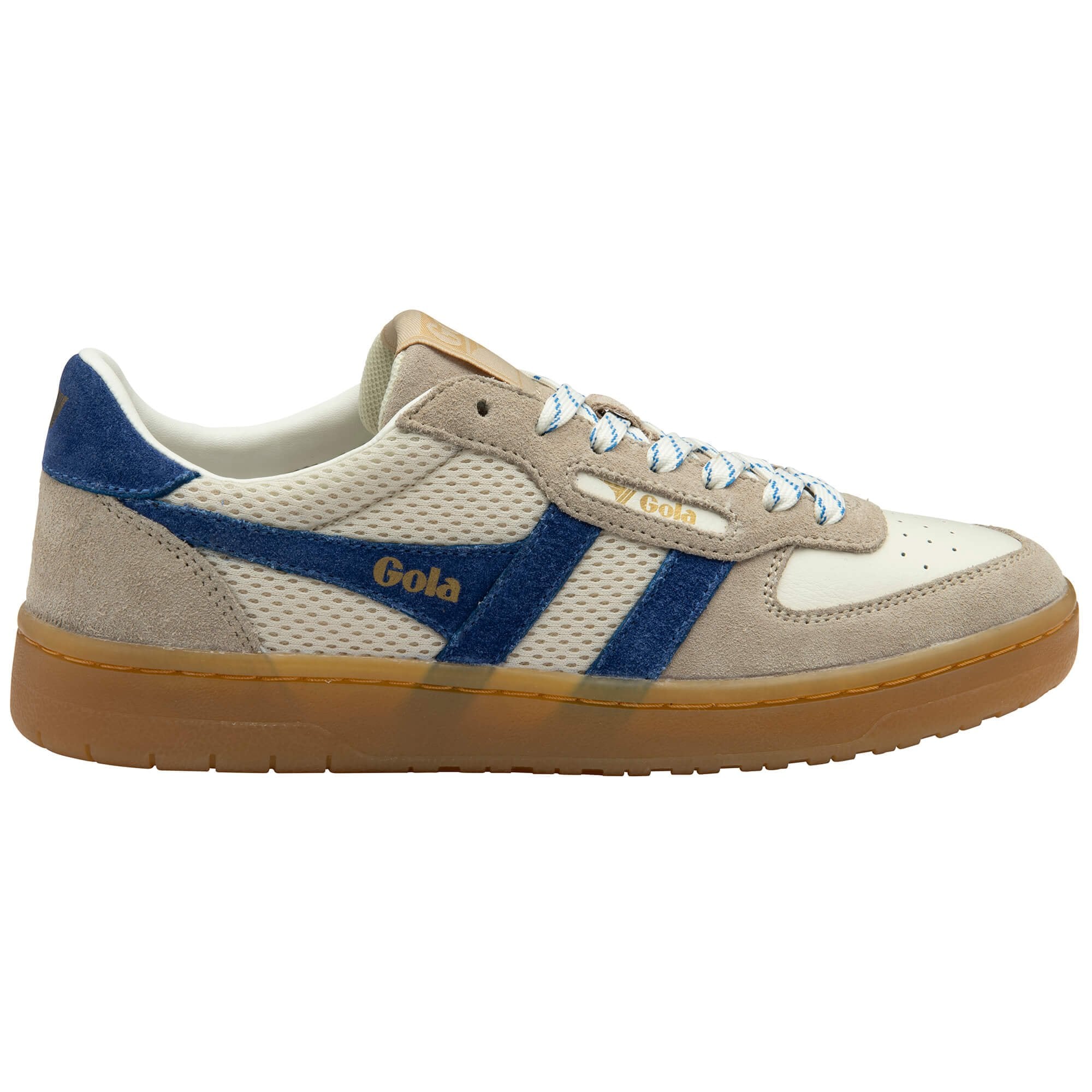 Gola trainer with blue and beige design on a white background