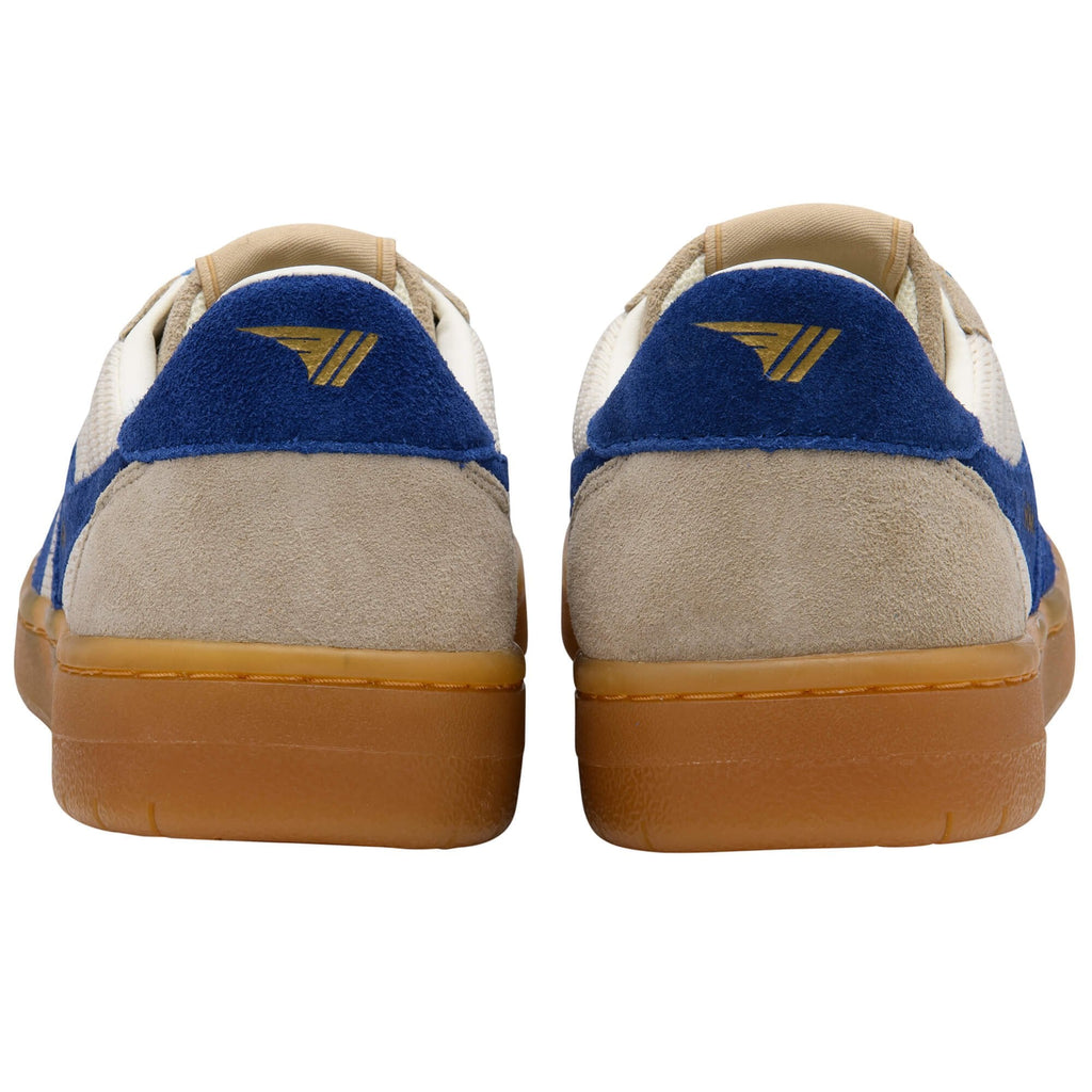 Pair of Gola trainers with blue and beige design on a white background