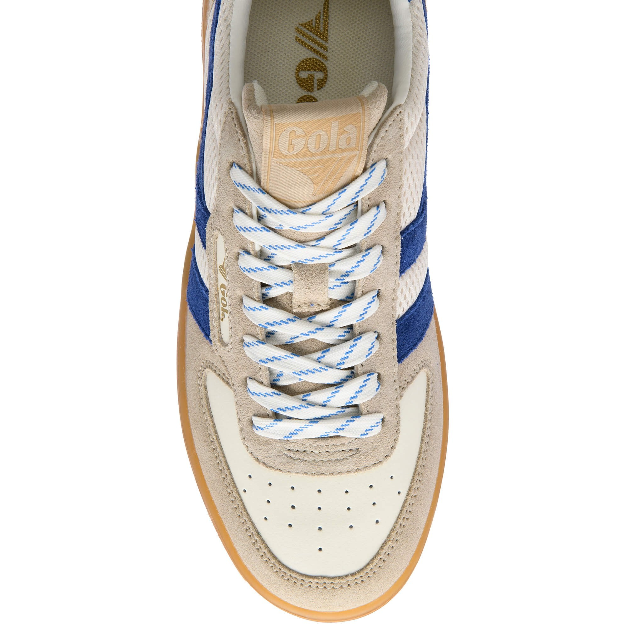 Top-down view of a Gola trainer in beige and blue with white and blue striped laces on a white background