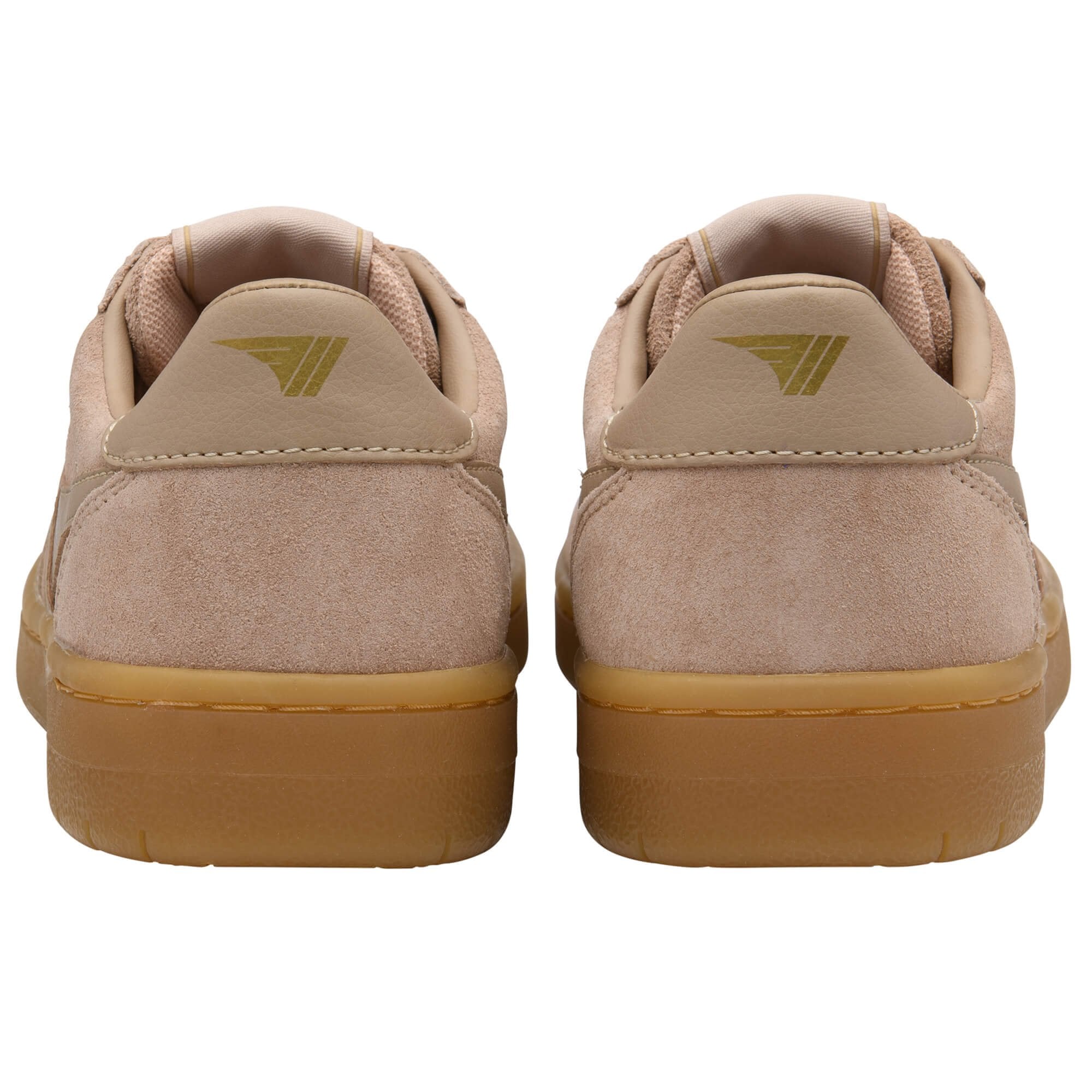 Pair of beige Gola trainers with gum soles on a white background
