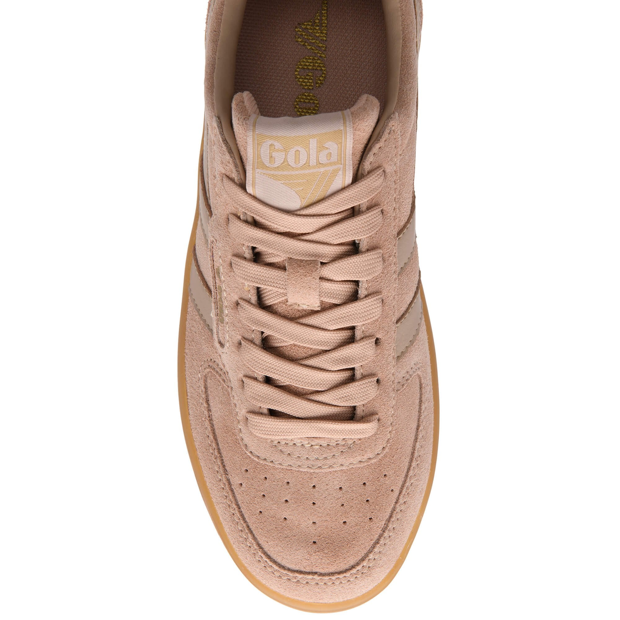 Top down view of a Gola trainer in light brown with a gum sole on a white background