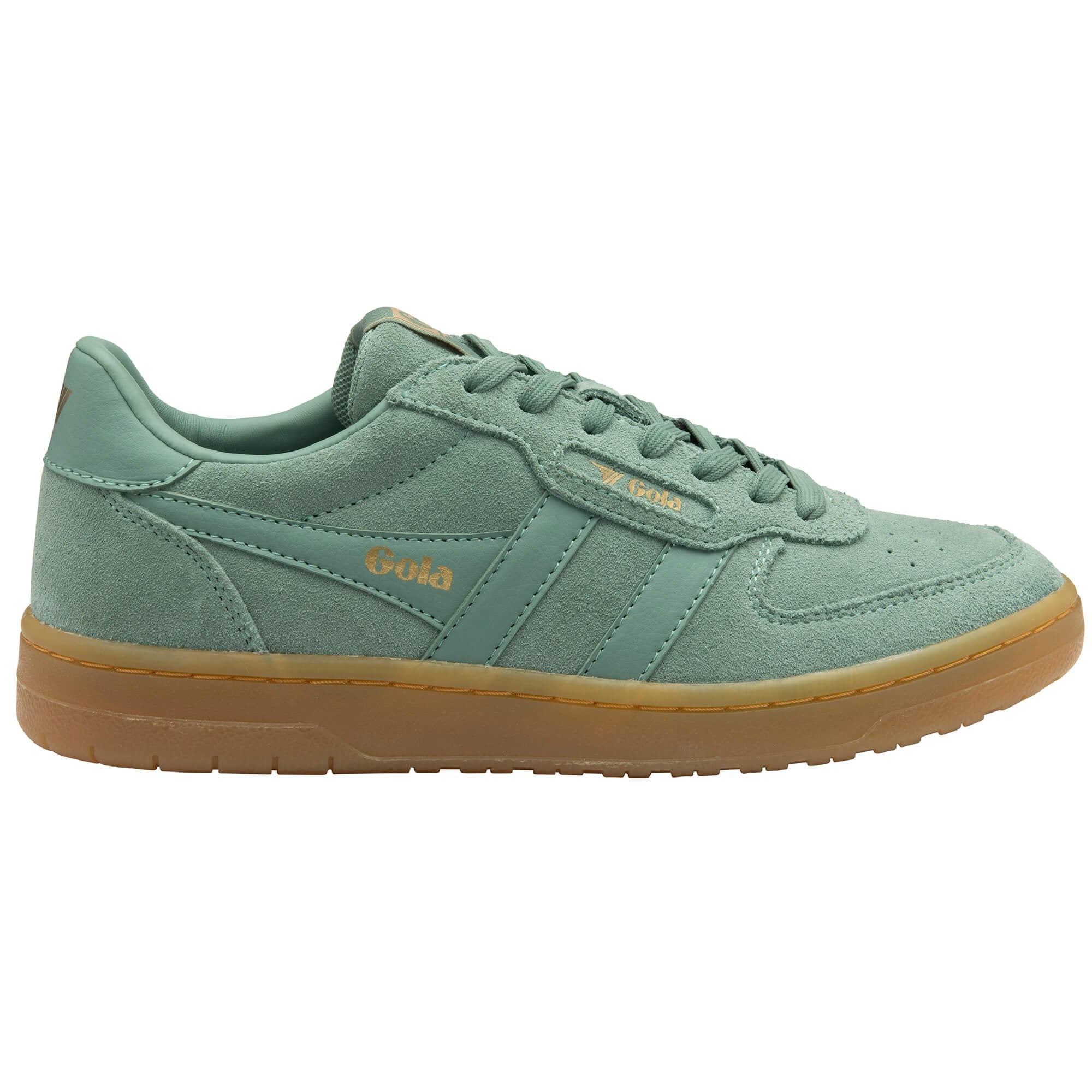 Green Gola trainer with gum sole on a white background