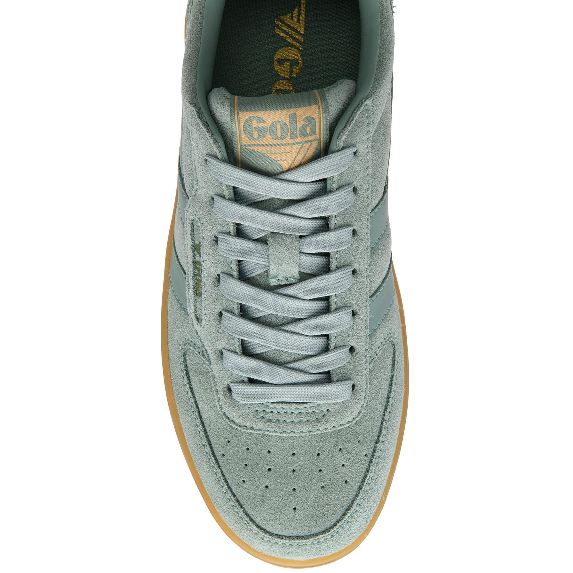 Light green Gola trainer with gum sole on a white background