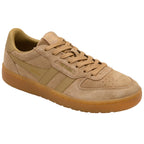 Tan Gola trainer with gum sole on a white background