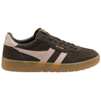 Brown Gola trainer with a pink stripe and gum sole on a white background
