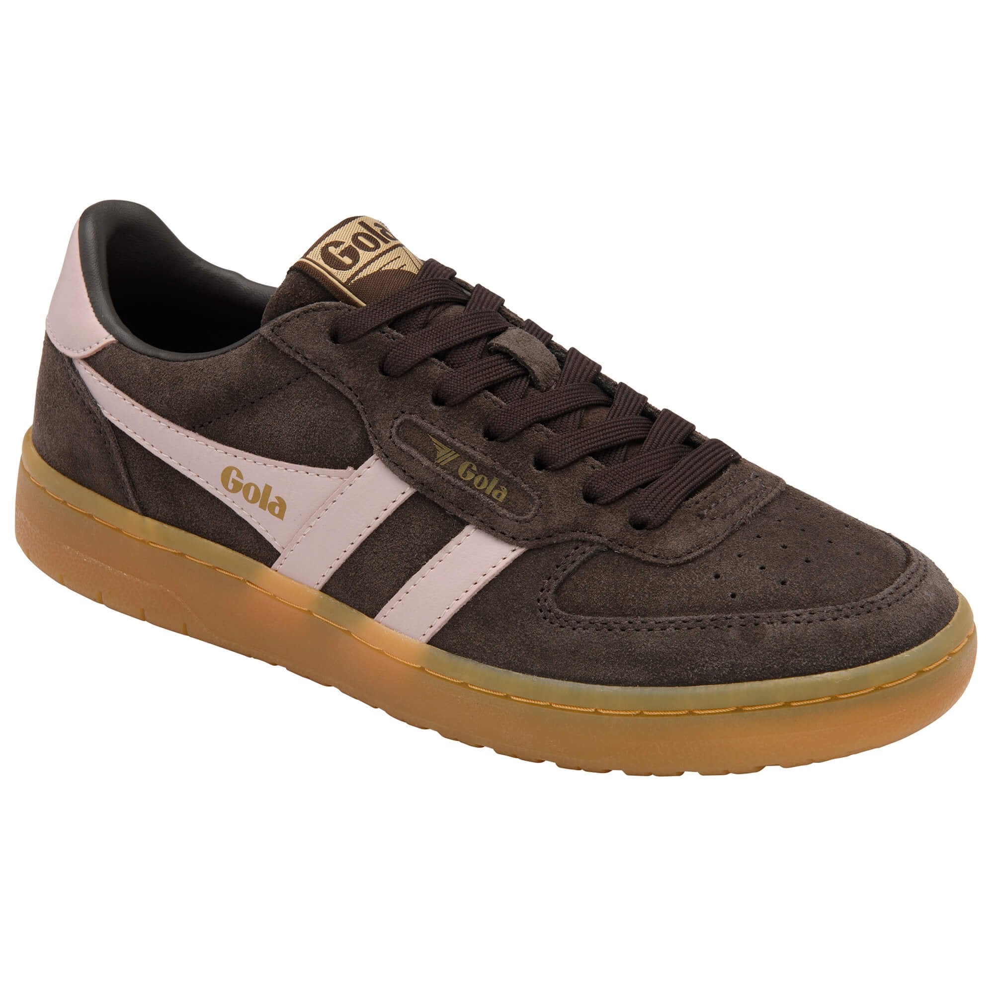 Brown Gola trainers with pink accents on a white background