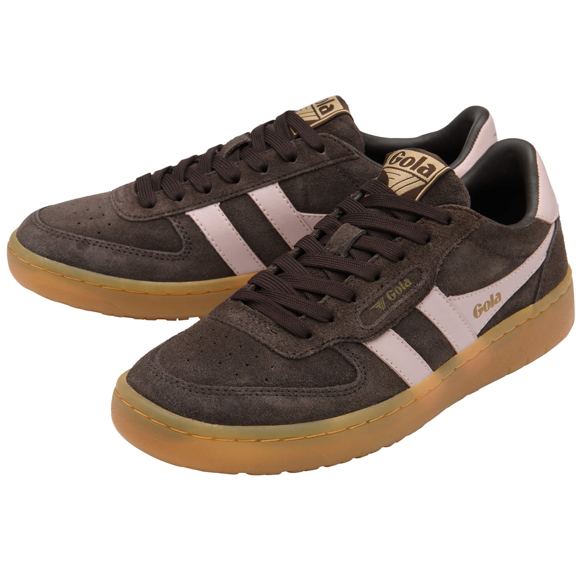 Brown Gola trainers with pink accents and gum soles on a white background