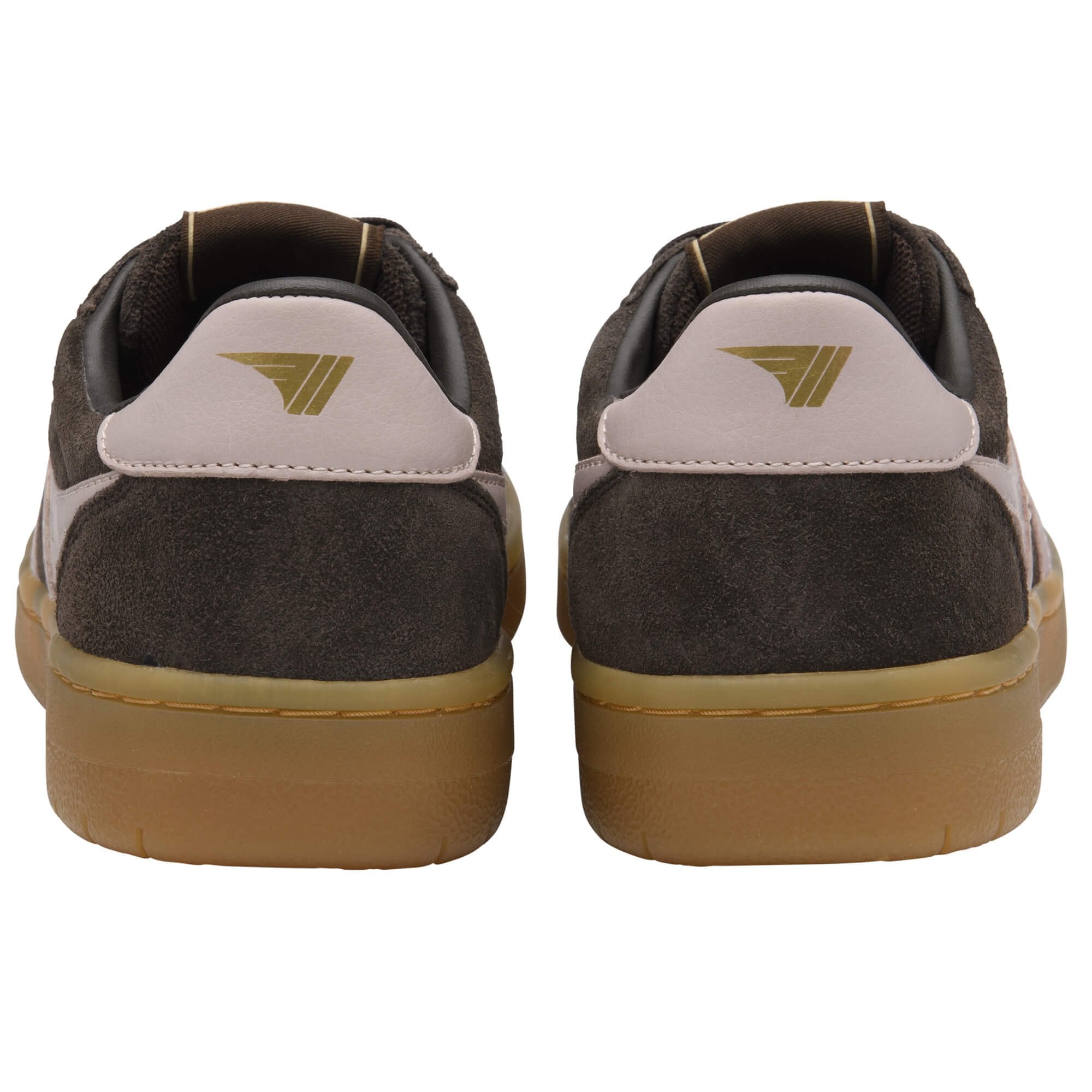 Pair of brown Gola trainers with pink accents on a white background