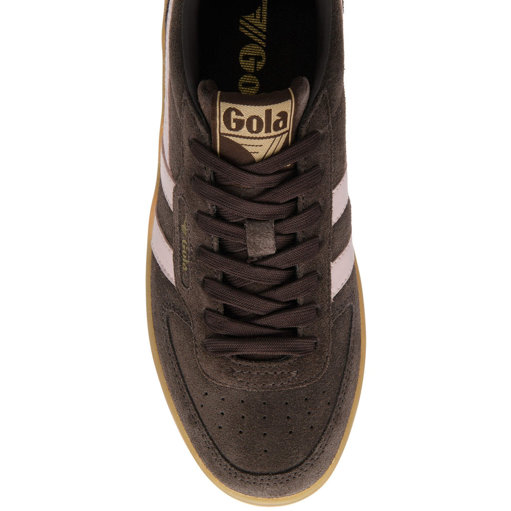 Brown Gola trainer with pink stripes on a white background