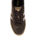 Brown Gola trainer with pink stripes on a white background