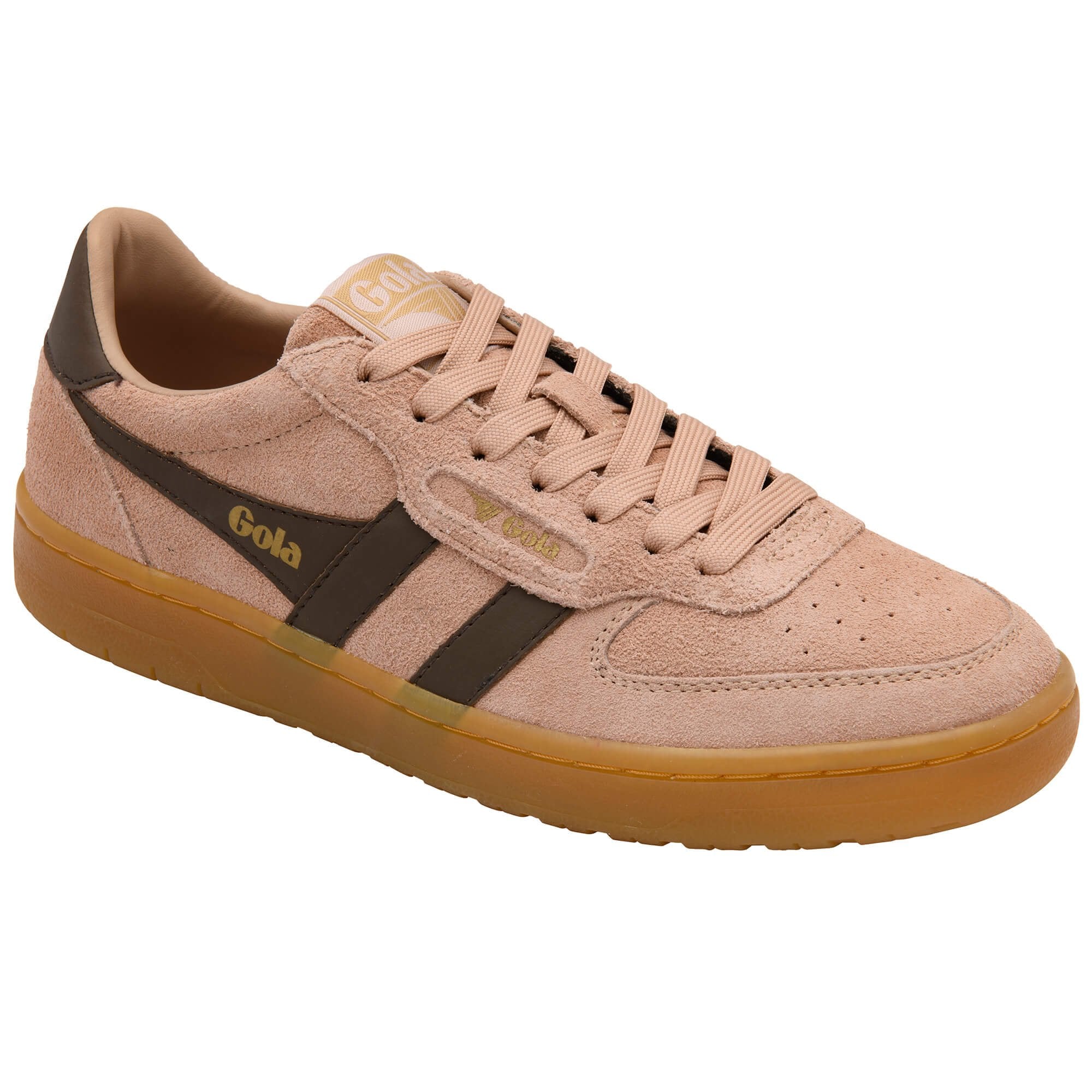 Pink Gola trainer with brown accents on a white background