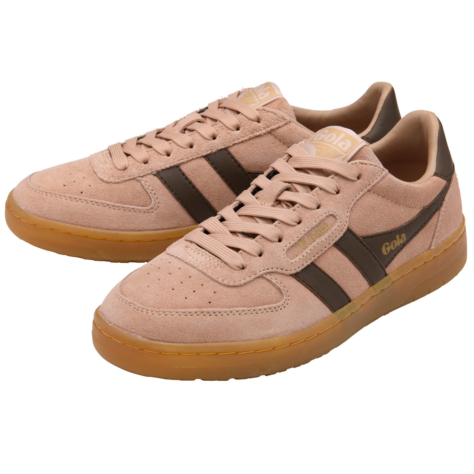 Pair of pink Gola trainers with brown accents on a white background