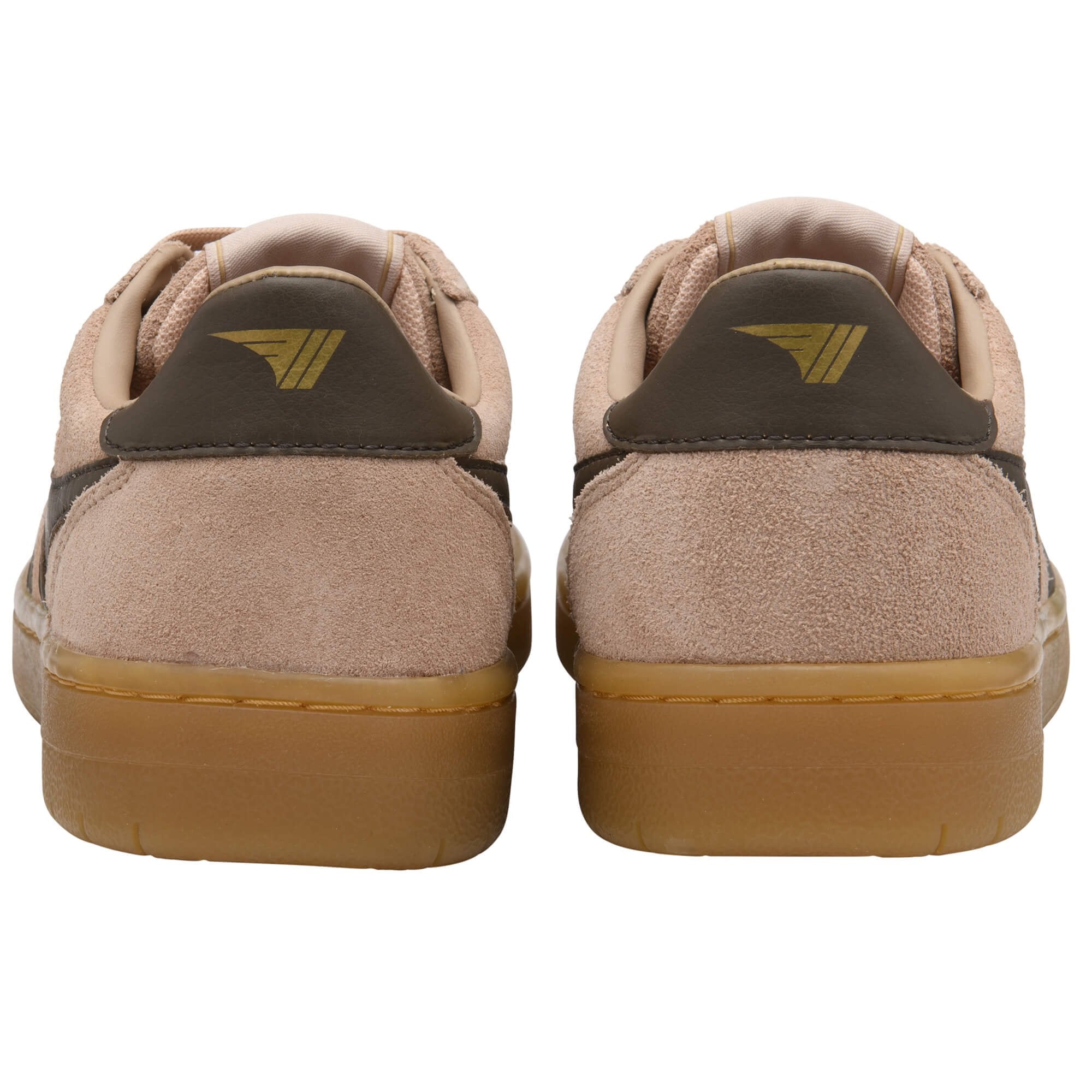 Rear view of two light brown suede Gola trainers with dark brown heel tabs and gum soles on a white background