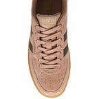 Beige Gola trainer with brown stripes and gum sole on a white background