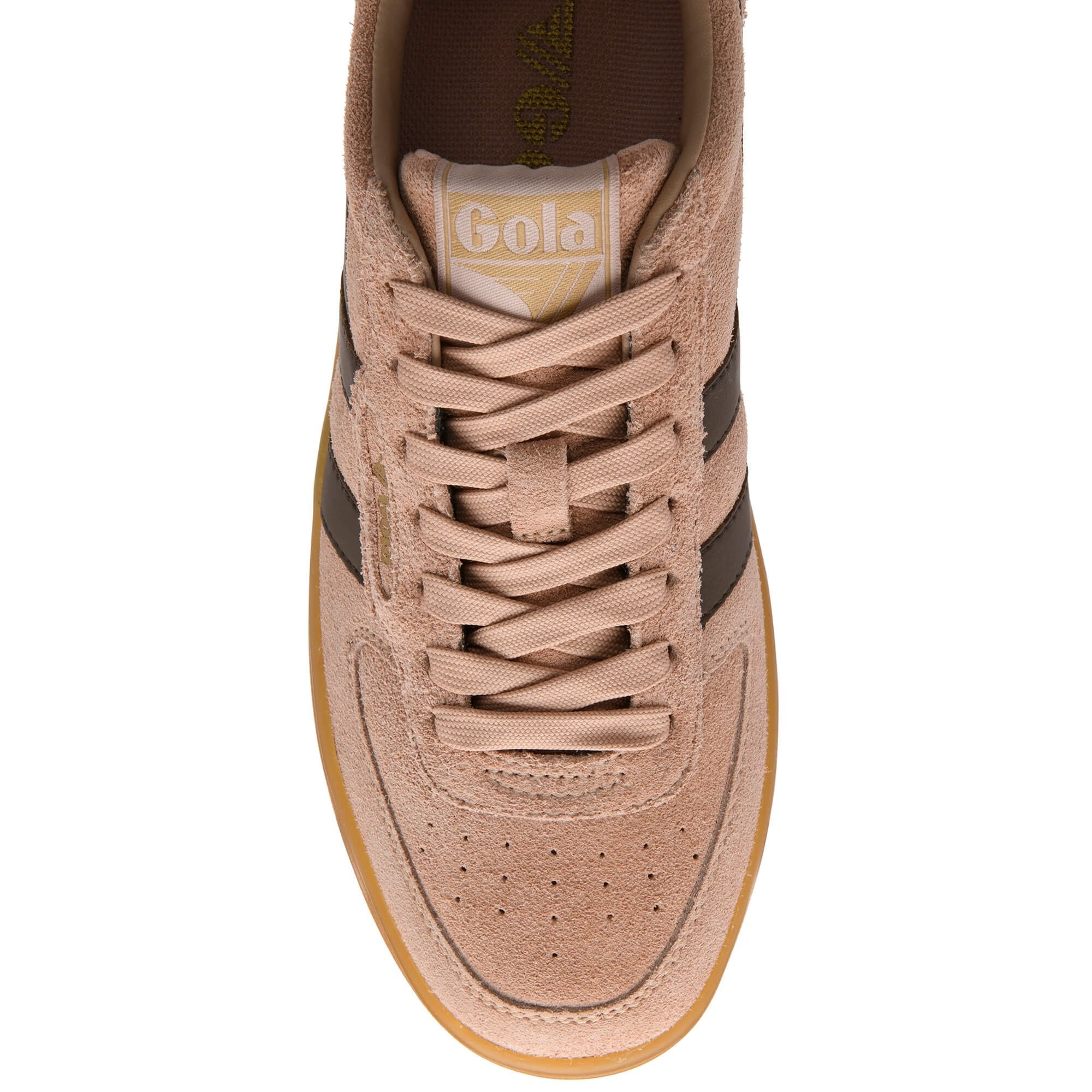 Beige Gola trainer with brown stripes and gum sole on a white background