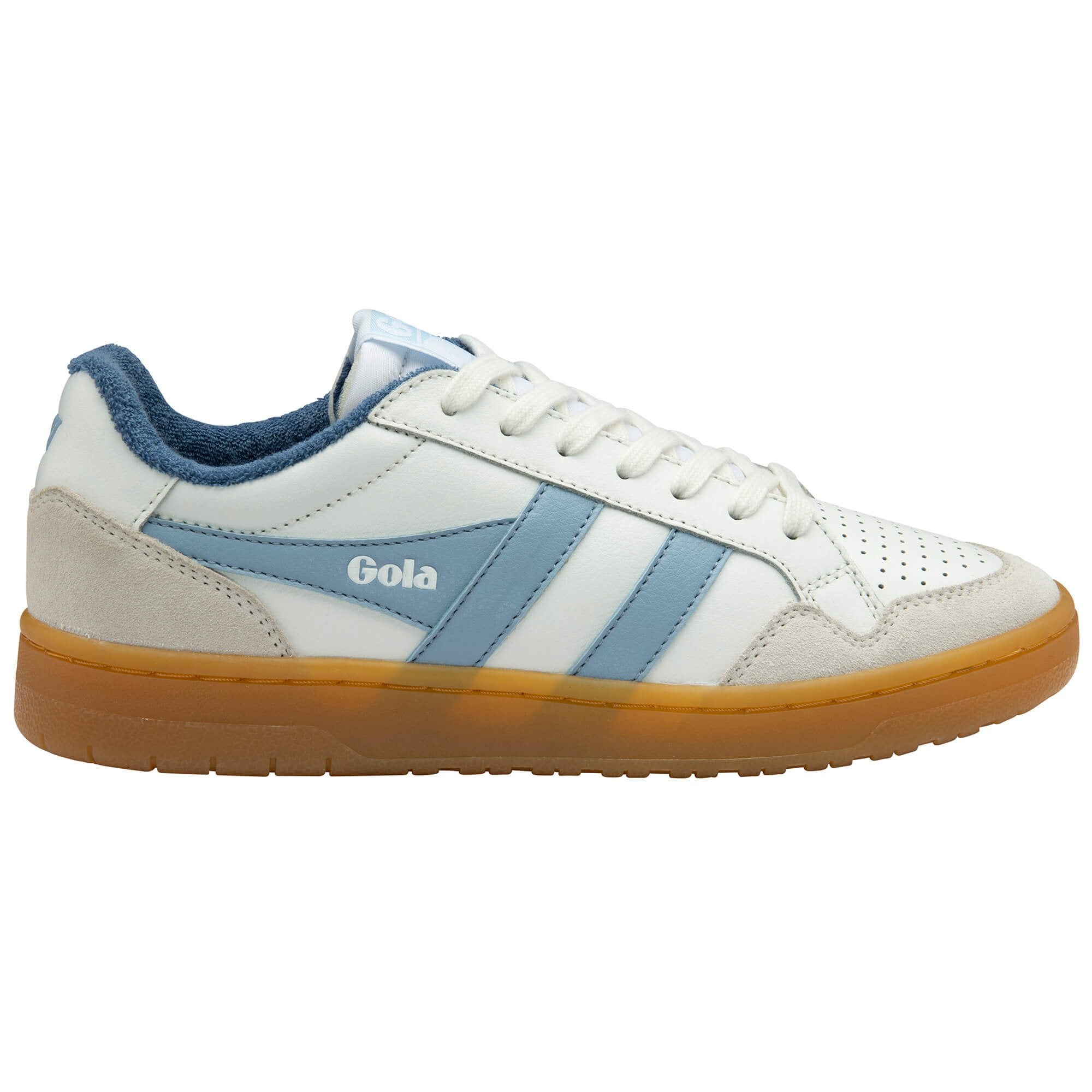 White Gola trainer with blue accents and gum sole on a white background