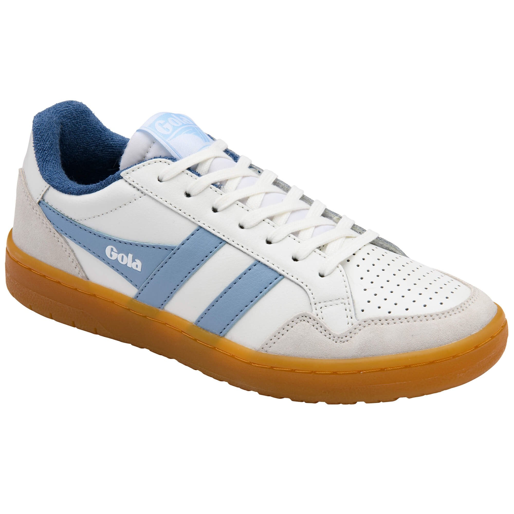 White Gola trainers with blue accents and gum sole on a white background