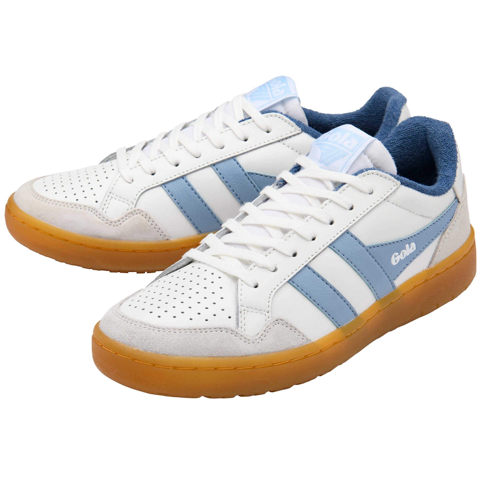 Pair of white Gola trainers with light blue stripes and gum soles on a white background
