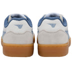 White Gola trainers with blue accents and gum sole on a white background