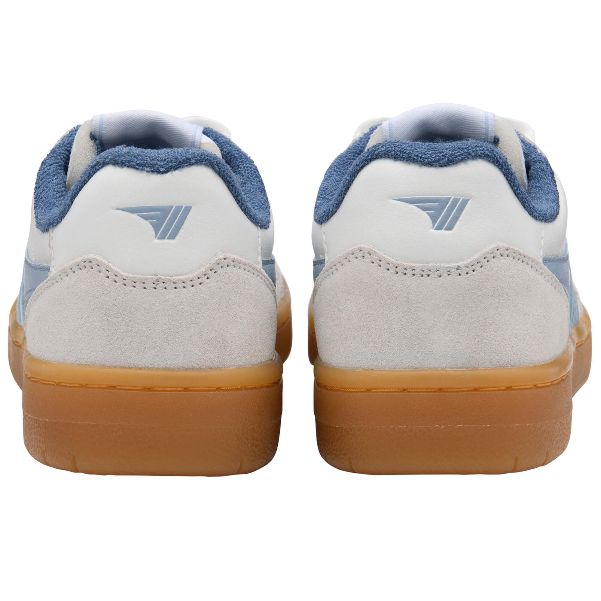 White Gola trainers with blue accents and gum sole on a white background