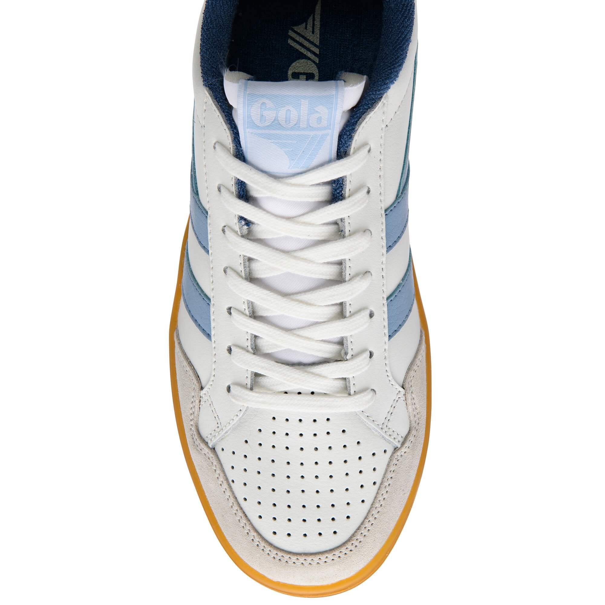 White Gola trainer with light blue stripes and a gum sole on a white background