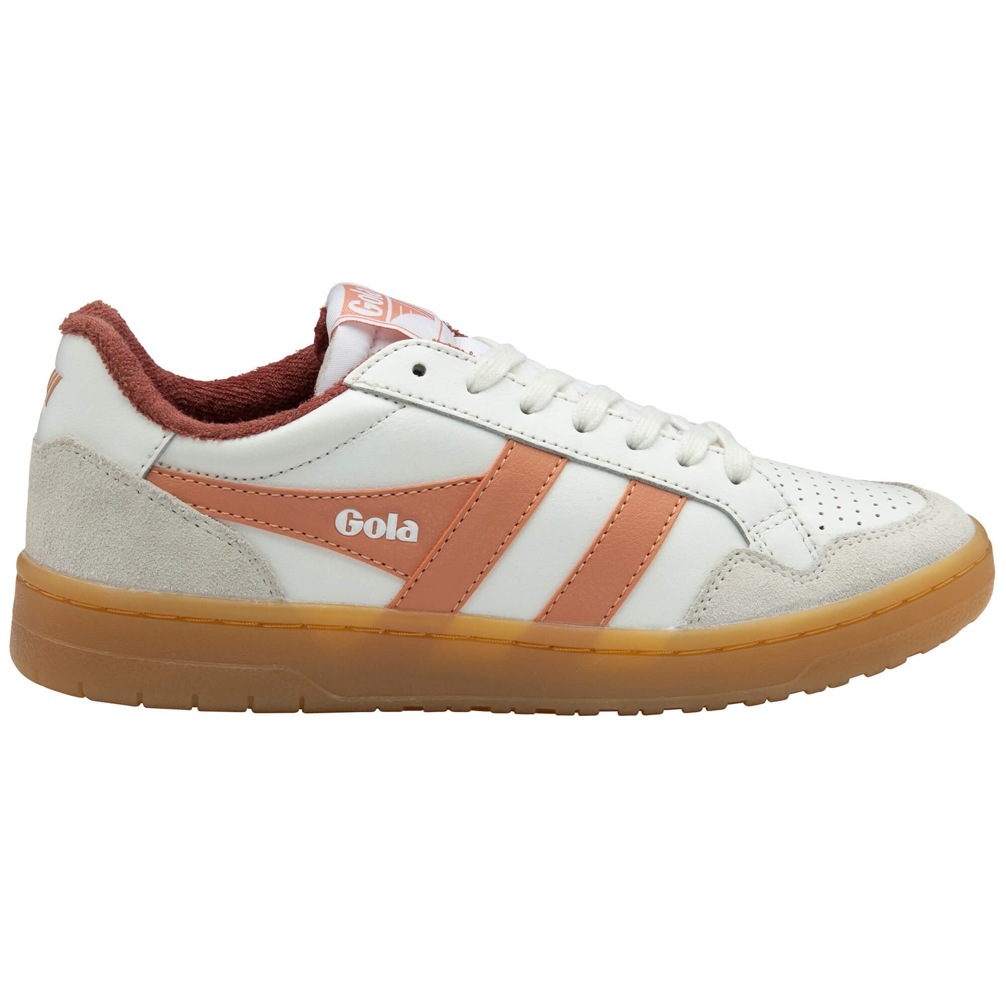 White Gola trainer with peach stripes and red lining on a white background