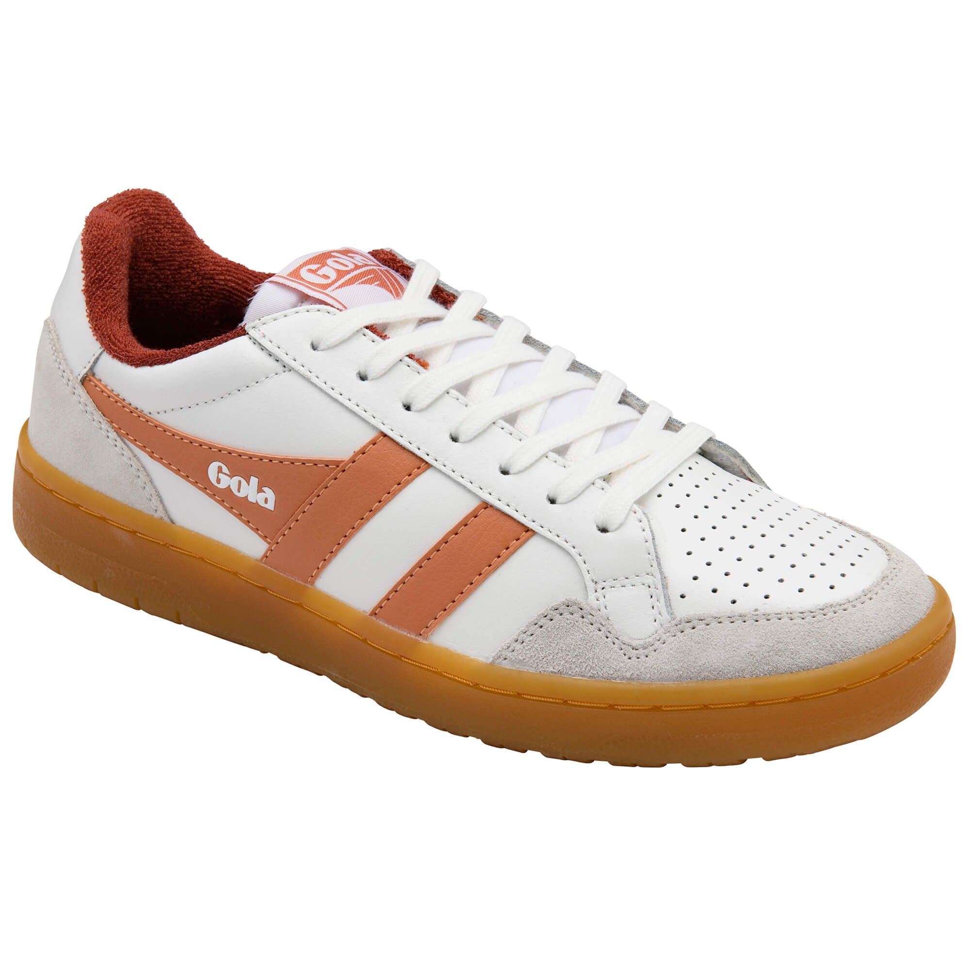 White Gola trainer with orange and red accents on a white background